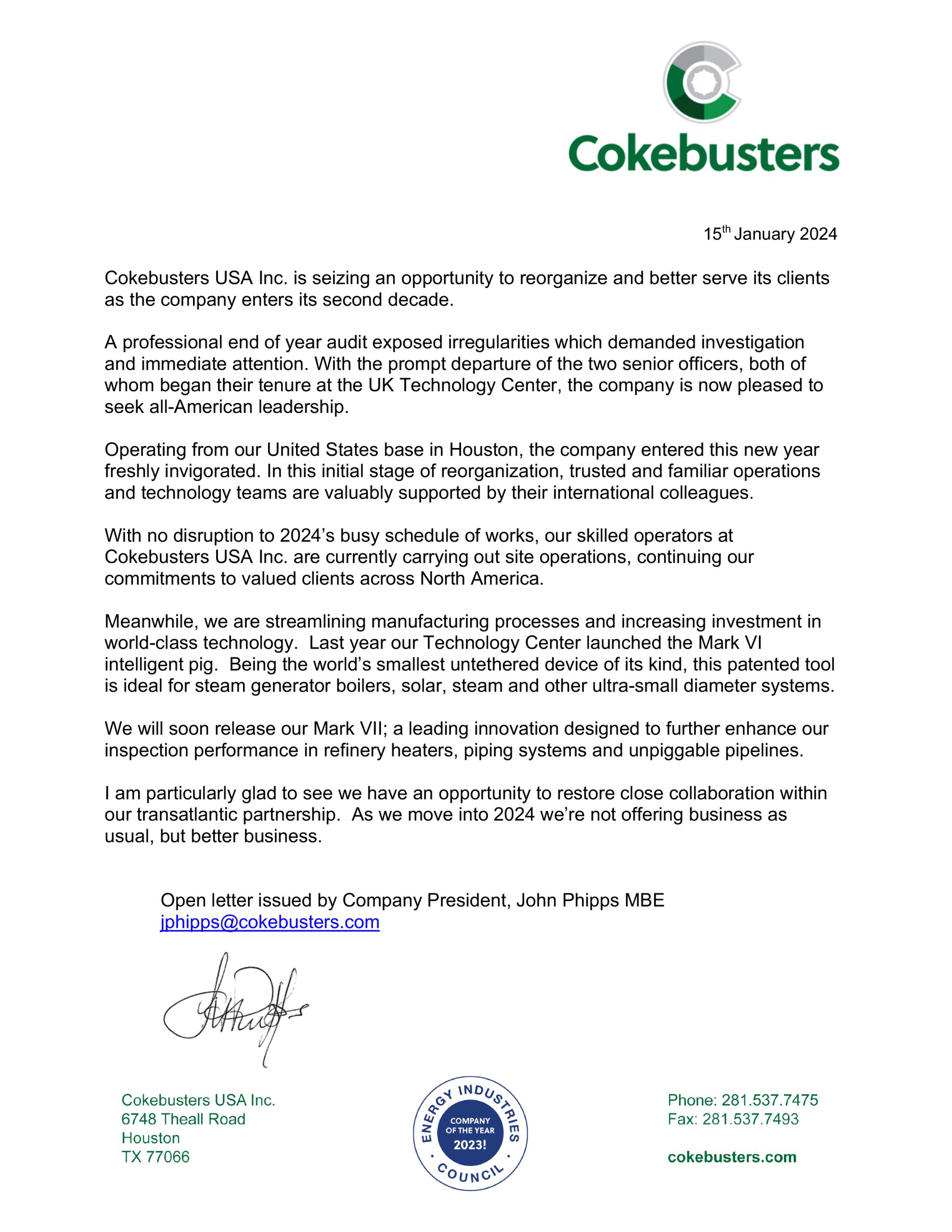 Open letter from the President of Cokebusters USA Inc. 2024