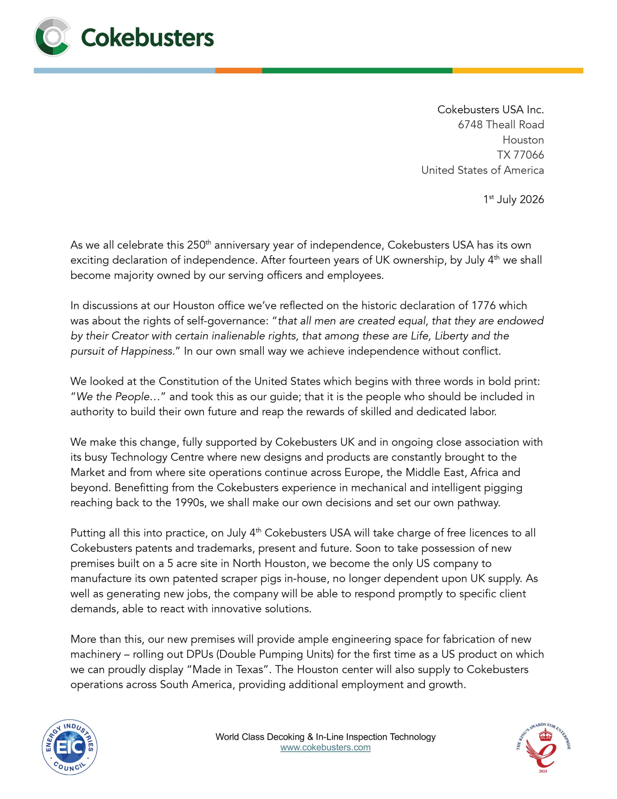 Open letter from the President of cokebusters USA Inc.