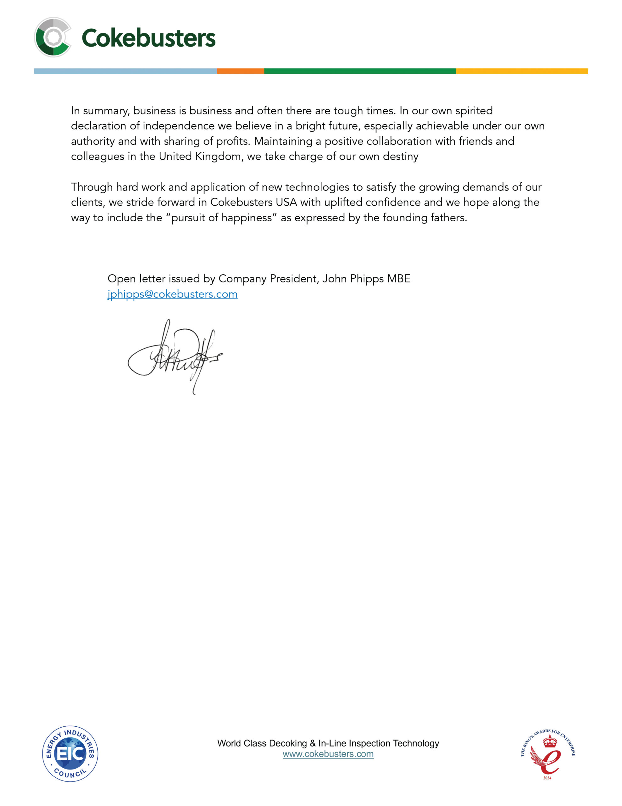 Open letter from the President of cokebusters USA Inc.