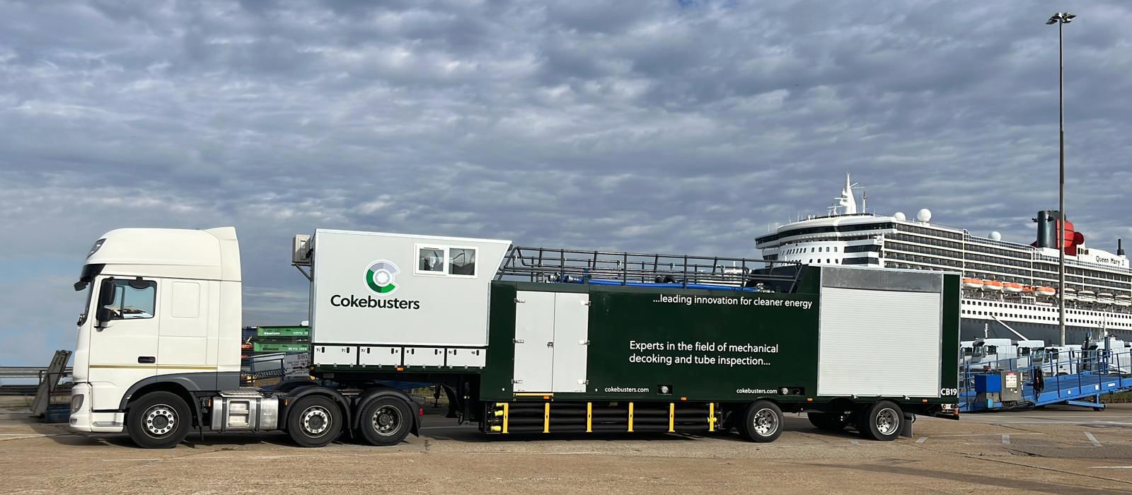 Cokebusters bespoke Double Pumping Unit on the road ready to perform specialist mechanical decoking and cleaning operations for energy industry clients.