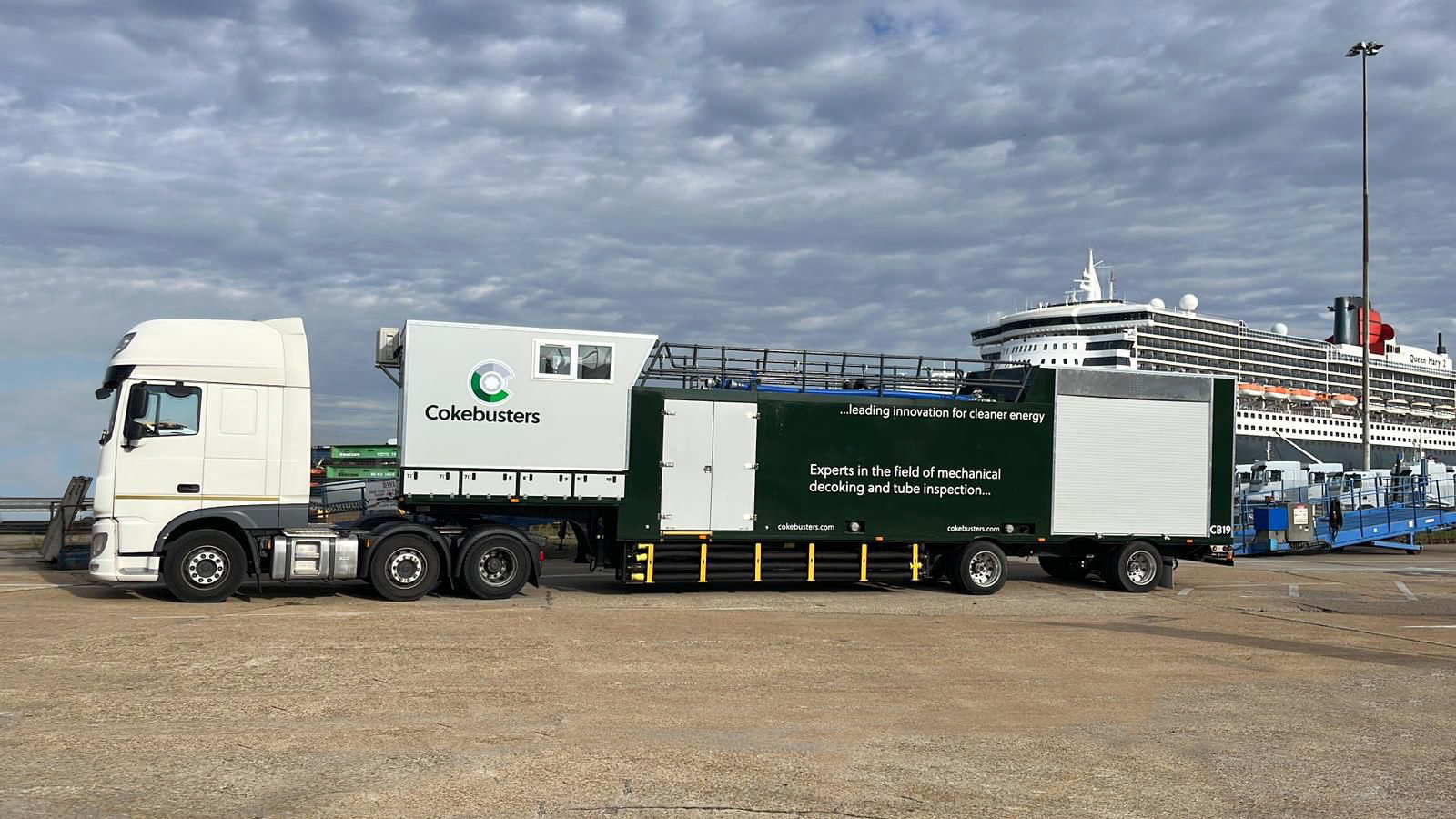 Cokebusters bespoke Double Pumping Unit on the road ready to perform specialist mechanical decoking and cleaning operations